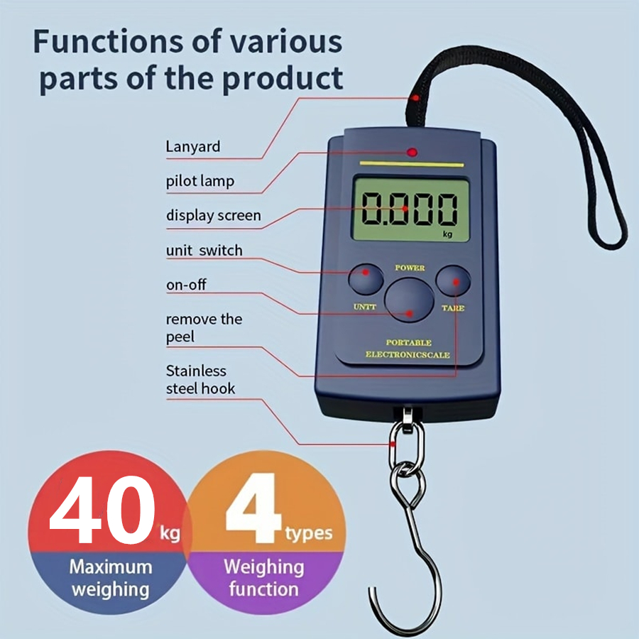 Fishing Hook - เครื่องชั่งน้ําหนักแบบแขวนดิจิตอลอิเล็กทรอนิกส์ขนาดเล็กมัลติฟังก์ชั่นขนาด 40 กก. เครื่องมือสําหรับตกปลากระเป๋าเดินทางกระเป๋าเดินทางเครื่องชั่งน้ําหนักตะขอเดินทาง