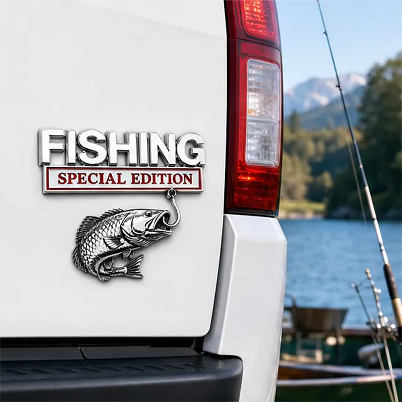 Fishing Hook - ตราสัญลักษณ์รถตกปลาโครเมียม โลหะรูปเบ็ดตกปลา พร้อมตัวอักษรรุ่นพิเศษ สติกเกอร์ตกแต่งรถยนต์ สำหรับรถบรรทุกและรถ SUV