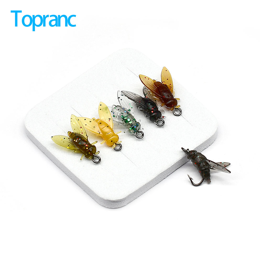 Fishing Hook Assortment - เหยื่อตกปลาปลอมรูปแมลงวัน 10 ชิ้น แบบมีเงี่ยง ติดปีกกลิตเตอร์หลากสี สำหรับตกปลาทรอท
